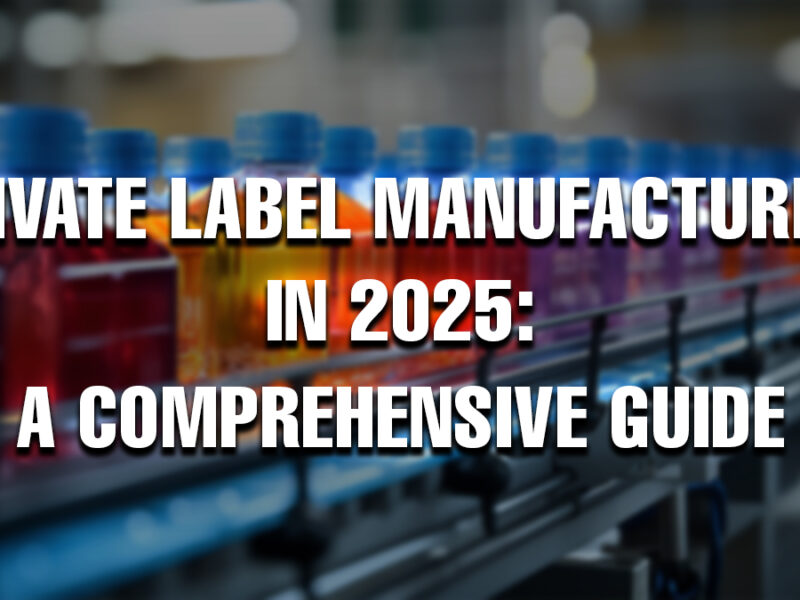 Conveyor belt with colorful plastic bottles in a manufacturing facility, overlaid with the text: 'Private Label Manufacturing in 2025: A Comprehensive Guide