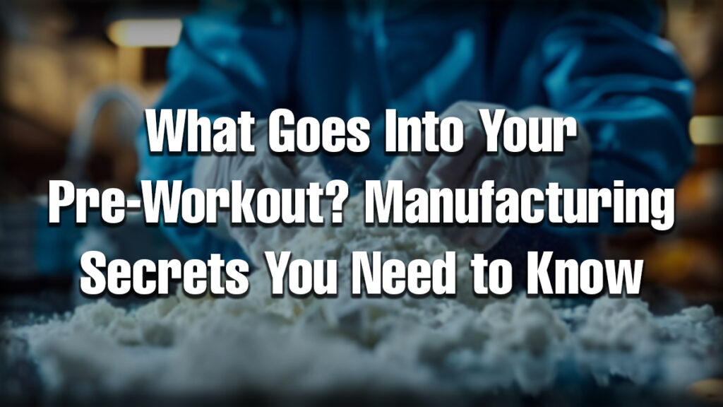 Person in lab gear handling white powder in a supplement facility with overlaid text: 'What Goes Into Your Pre-Workout? Manufacturing Secrets You Need to Know