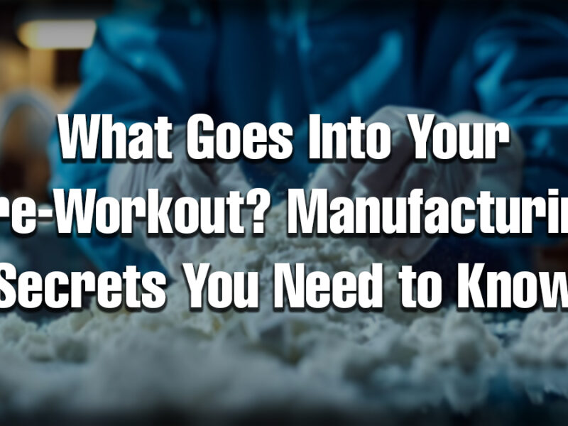 Person in lab gear handling white powder in a supplement facility with overlaid text: 'What Goes Into Your Pre-Workout? Manufacturing Secrets You Need to Know