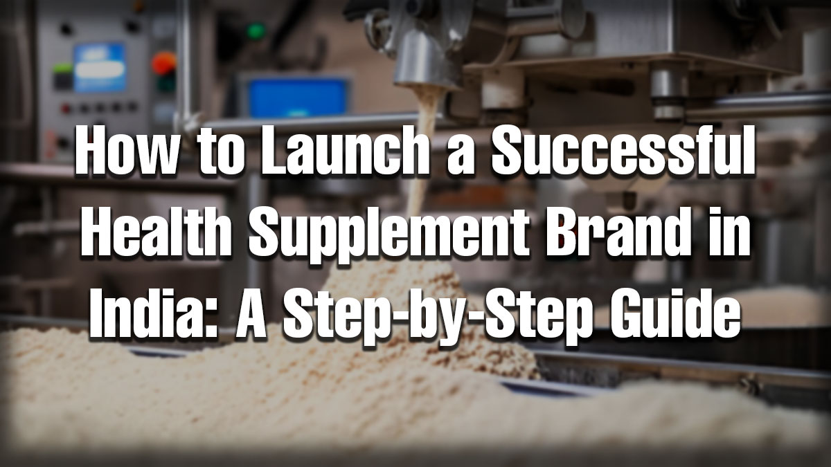 Health supplement manufacturing unit with powder filling machine in operation, illustrating supplement production for brand launch.