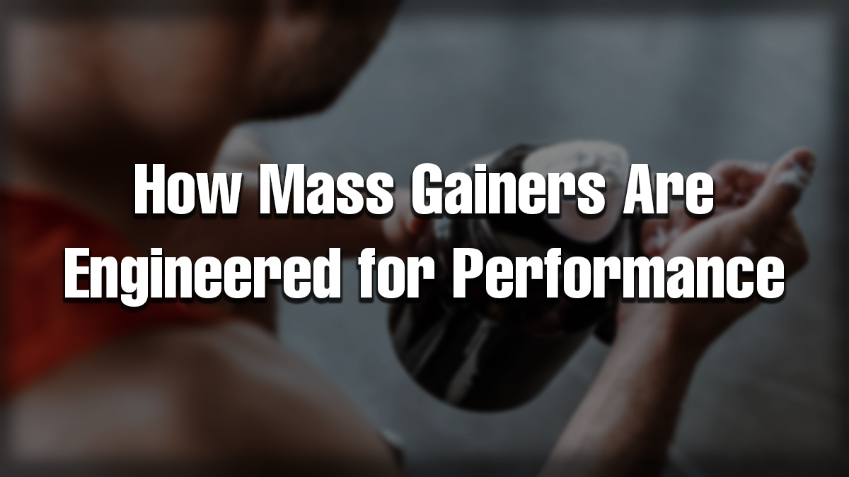 A muscular athlete scooping mass gainer powder into a shaker bottle, representing performance-focused nutritional supplementation.