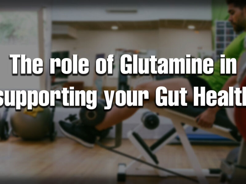 Man exercising in a gym with text overlay about the role of glutamine for gut health