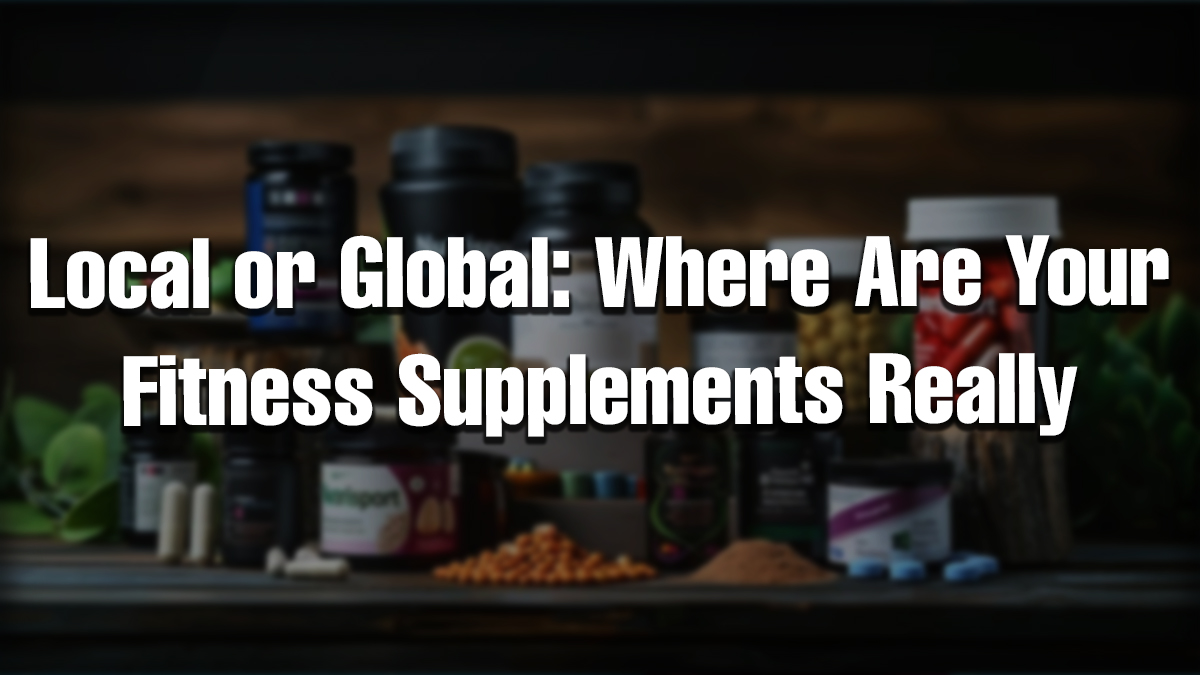 Various protein powders, capsules, and vitamins displayed with text overlay about the fitness supplements market