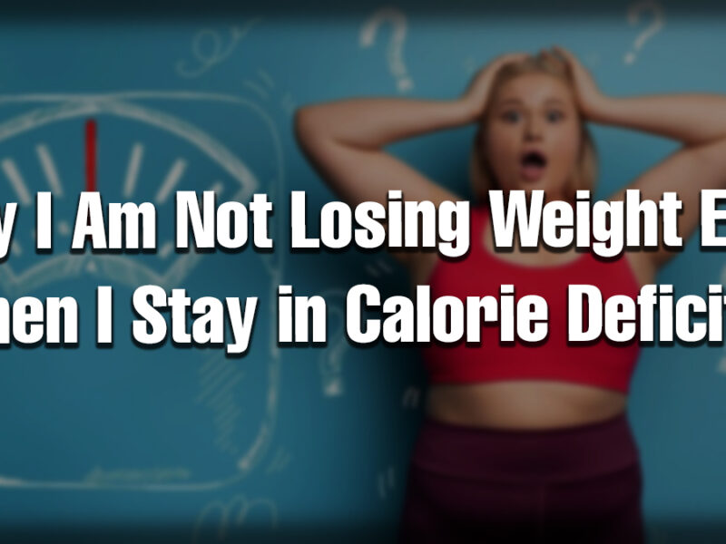 A surprised woman in workout clothes standing in front of a scale illustration, symbolizing frustration with not losing weight in calorie deficit.