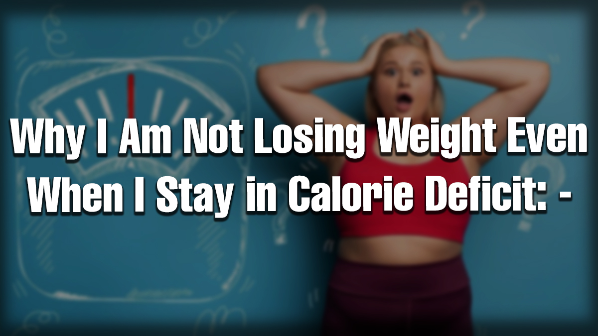 A surprised woman in workout clothes standing in front of a scale illustration, symbolizing frustration with not losing weight in calorie deficit.