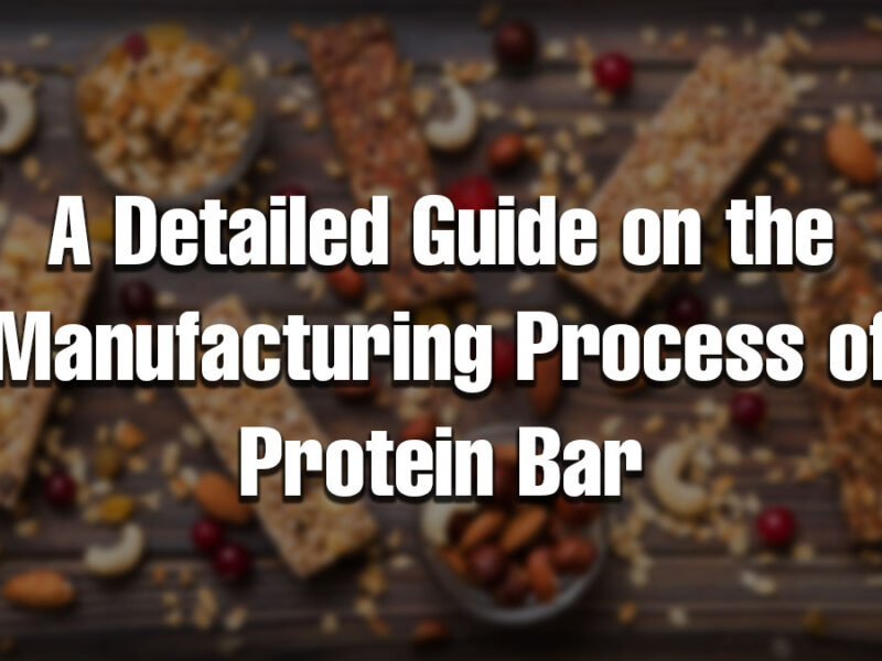 Protein Bar Manufacturing Process showing ingredients, nuts, oats, and finished protein bars on a wooden surface.
